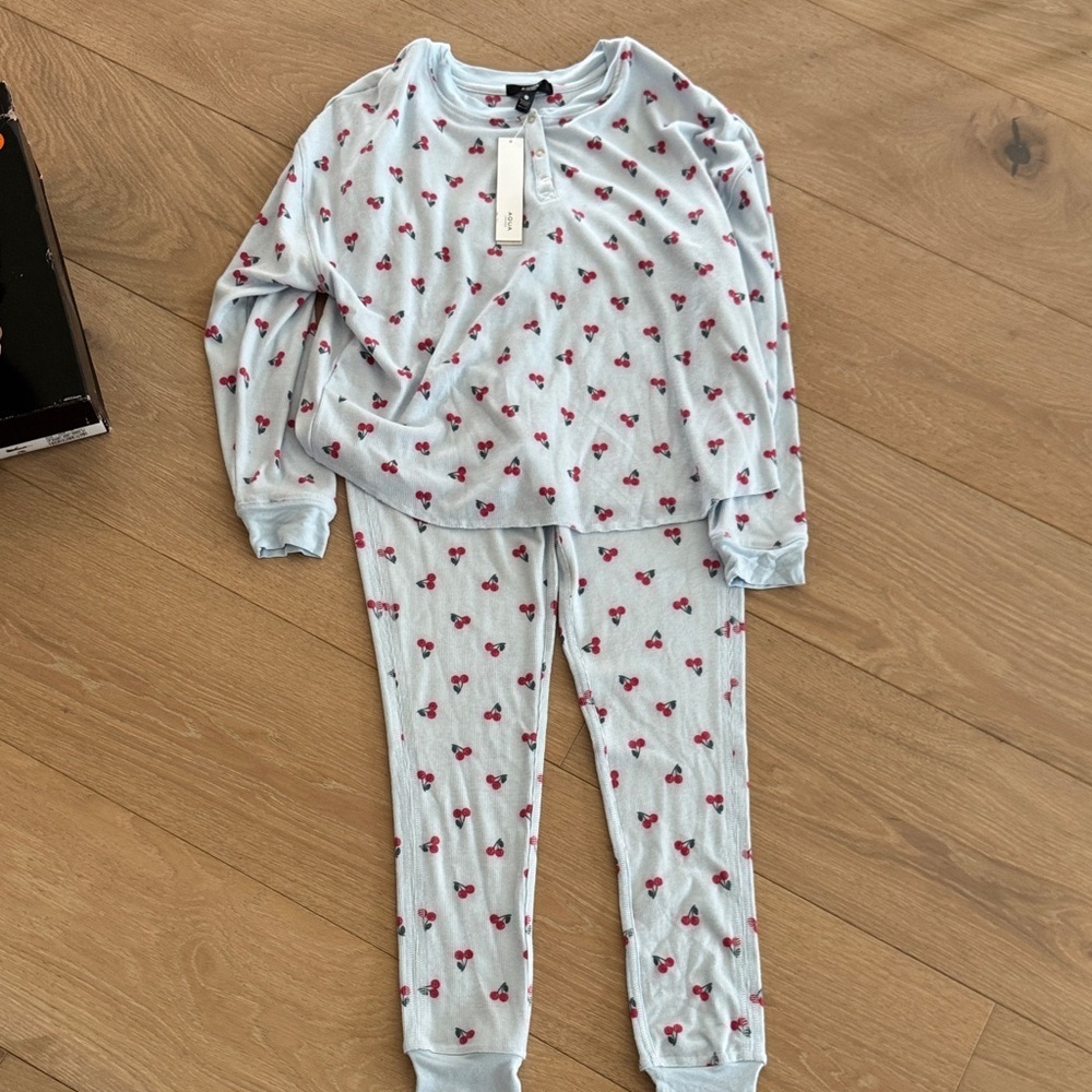 NWT Aqua Light Blue Cherry Print Kids Pajama Set - Picture 2 of 5